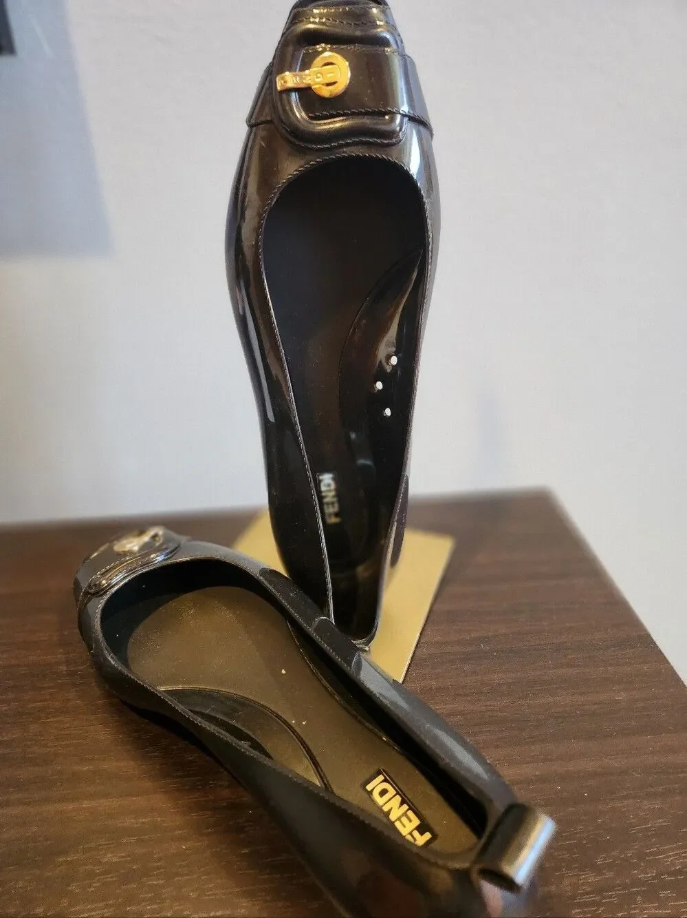 Fendi Black Patent Leather Ballet Flats with Gold Buckle Accent